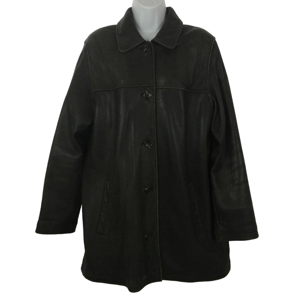 Vtg Andrew Marc New York Women Leather Jacket L Dark Brown Button Up Winter Warm